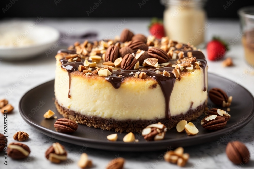 A delicious cheesecake sprinkled with goodies stands on a table with a beautiful background A delicious cheesecake sprinkled with goodies stands on a table with a beautiful background