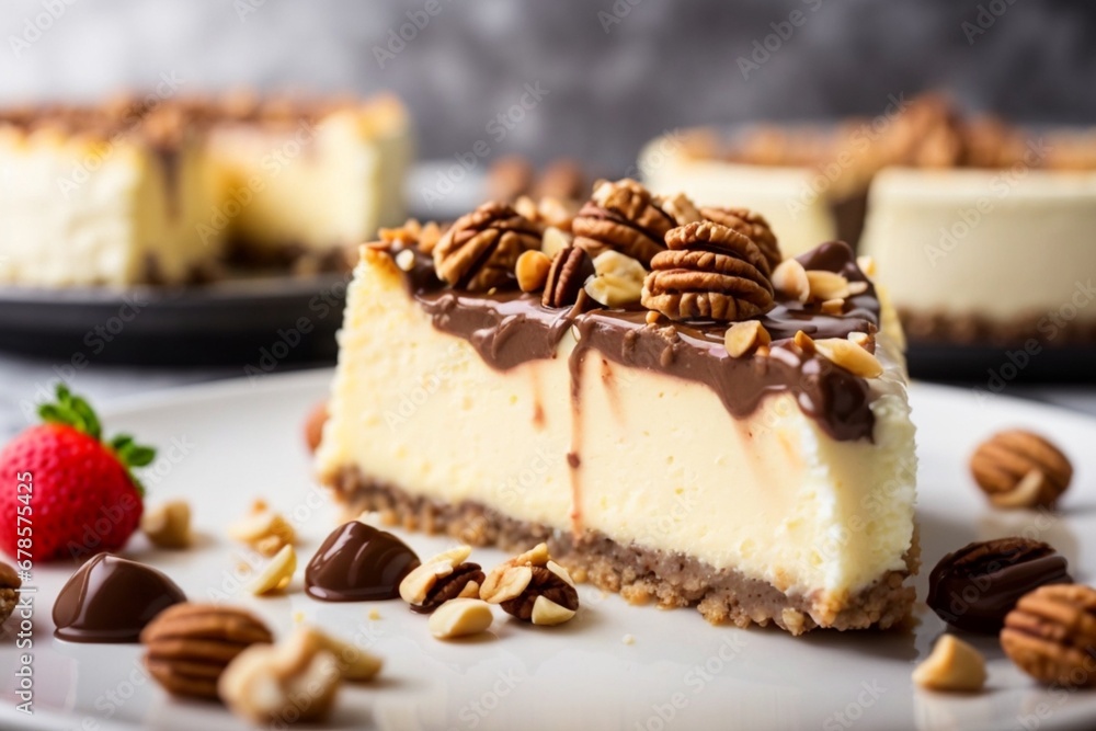 A delicious cheesecake sprinkled with goodies stands on a table with a beautiful background