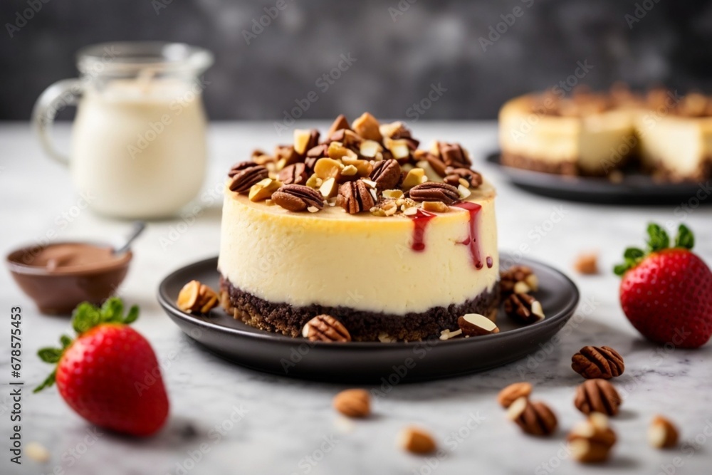 A delicious cheesecake sprinkled with goodies stands on a table with a beautiful background A delicious cheesecake sprinkled with goodies stands on a table with a beautiful background