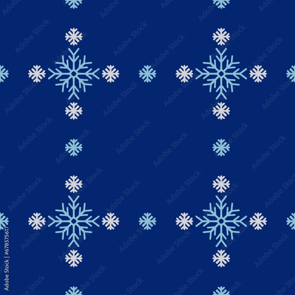 Seamless abstract pattern with snowflakes. Dark blue, blue. Christmas, New Year. Ornament. Designs for textile fabrics, wrapping paper, background, wallpaper, cover.