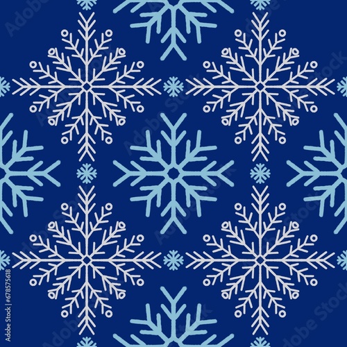 Seamless abstract pattern with snowflakes. Blue, dark blue. Christmas, New Year. Ornament. Designs for textile fabrics, wrapping paper, background, wallpaper, cover.
