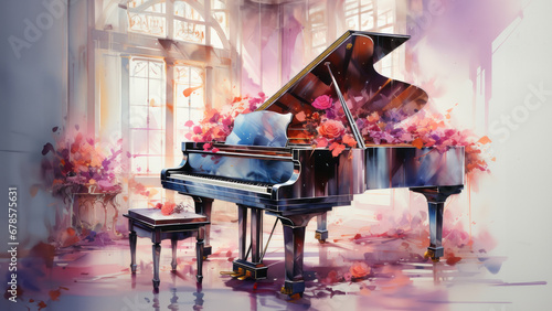 Illustration of a piano in colorful watercolors, isolated on a white background photo