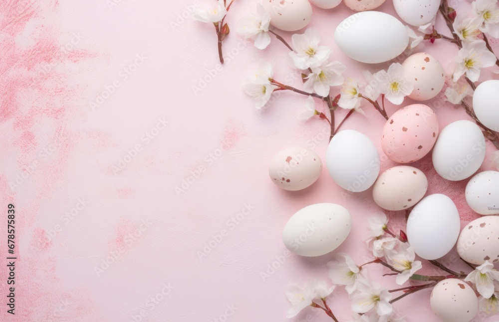 Colorful pink and white easter eggs with whites birds and leaves background with copy space, cherry blossoms, light pink and light brown, textured canvas, greeting card or banner template
