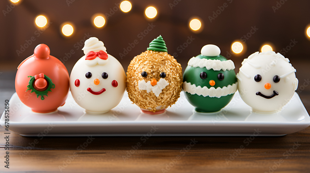 christmas decoration with snowman, winter luggage in the form of snowmen, close up cute cupcake decorated with cream and chocolate, smile kawaii animal face, on cupcake, Generative Ai