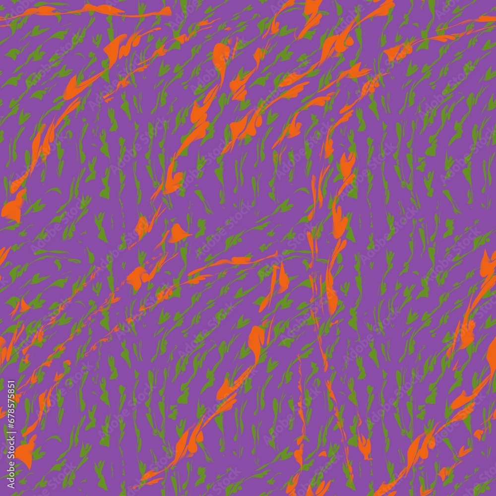 Seamless abstract textured pattern. Simple background with violet, green, orange texture. Digital brush strokes. Lines. Design for textile fabrics, wrapping paper, background, wallpaper, cover.