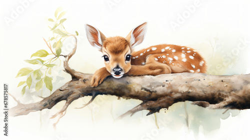 A watercolor painting of a baby deer