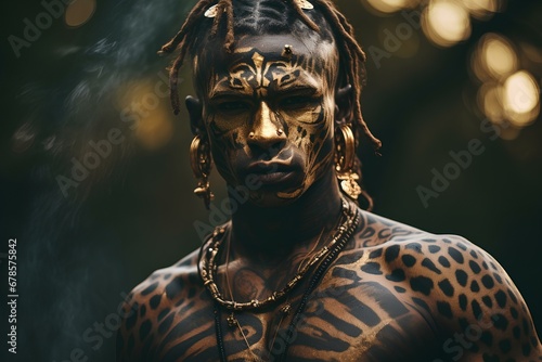 Mode, Fashion, Portrait of a young African black man indigenous warrior, gold smoke effect, leopard print tattoos on his body, tribal dress, neon effect. generative AI photo