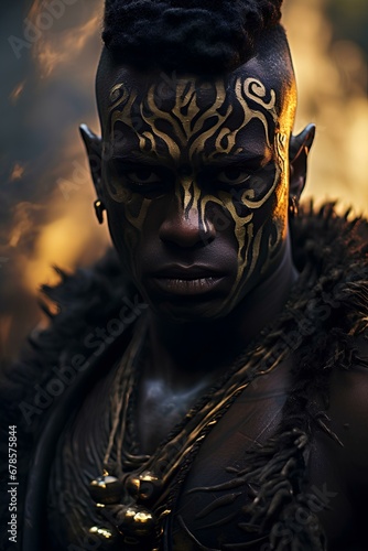 Mode, Fashion, Portrait of a young African black man indigenous warrior, gold smoke effect, leopard print tattoos on his body, tribal dress, neon effect. generative AI © yj