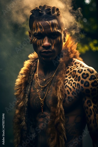 Mode  Fashion  Portrait of a young African black man indigenous warrior  gold smoke effect  leopard print tattoos on his body  tribal dress  neon effect. generative AI