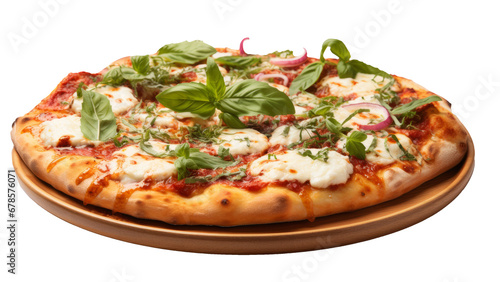 Delicious mozzarella pizza with fresh vegetables and herbs. PNG on transparent background.