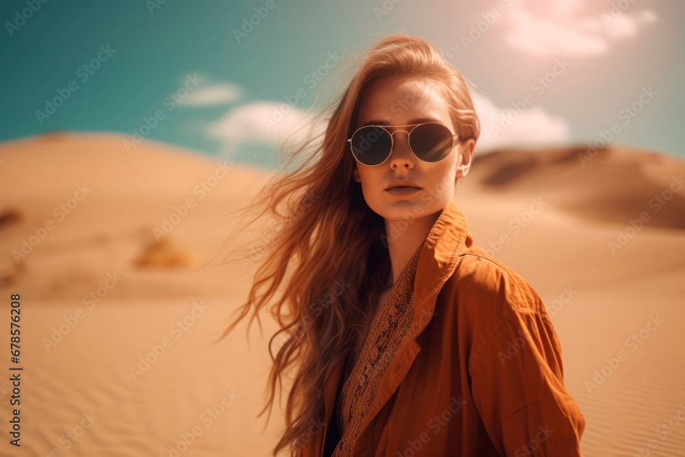 Girl golden hair desert portrait sun beauty. Costume sahara makeup gold. Generate Ai