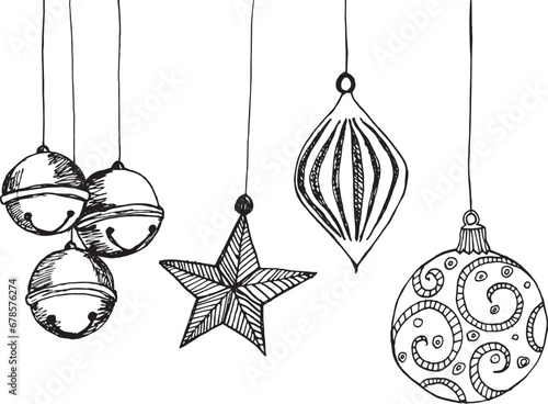 Hand drawn illustrations of Christmas greeting card with decorative baubles  bows on white background