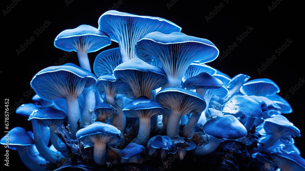 Close up of blue mushroom on black background