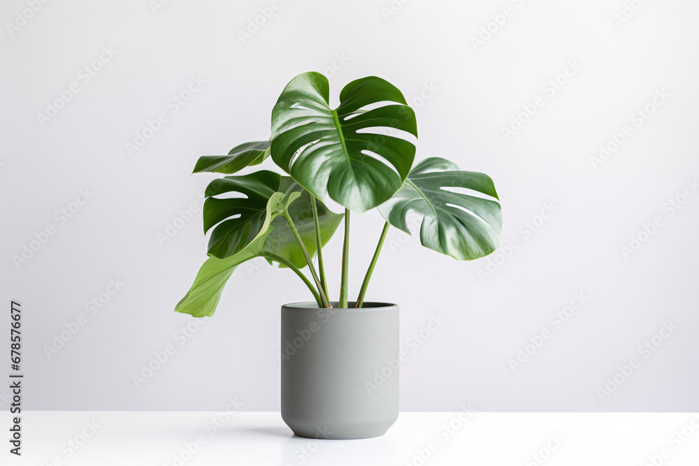 Monstera Deliciosa in Gray Pot on White Background Monstera Deliciosa in Gray Pot on White Background