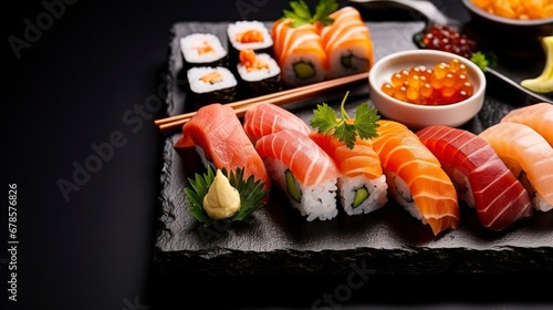Sushi on Slate - Various kinds of sushi food served on blackstone. Generative AI
