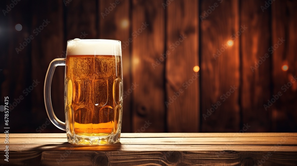 A mug of beer with some foam on wooden table A mug of beer with some foam on wooden table