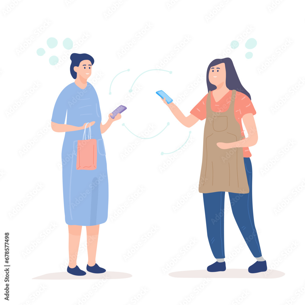 Vector illustration woman shopping and pay mobile contactless to seller with digital marketing technology Vector illustration woman shopping and pay mobile contactless to seller with digital marketing technology