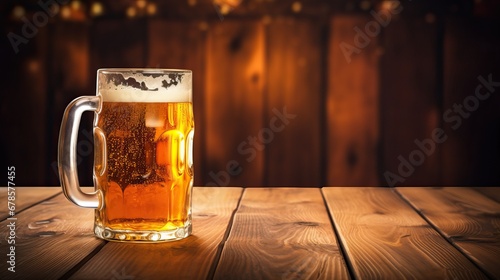A mug of beer with some foam on wooden table