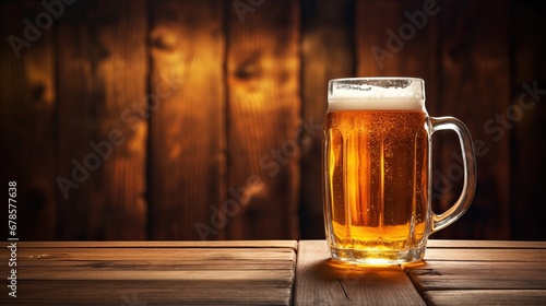 A mug of beer with some foam on wooden table