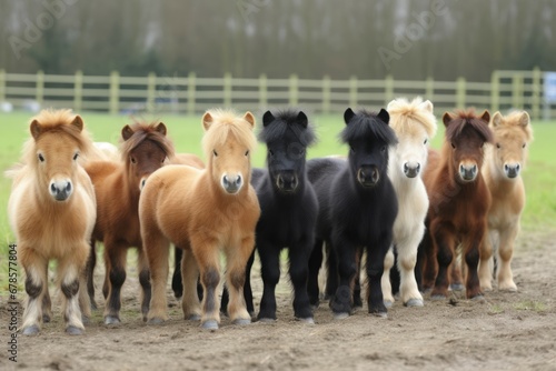 Group of cute ponies farm herd. Love domestic pet animal beauty. Generate Ai