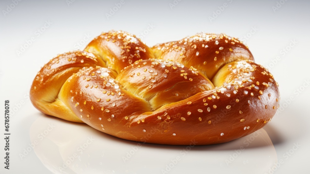 A pretzel, highlighting its twisted shape and rustic appearance, white backdrop. AI generate