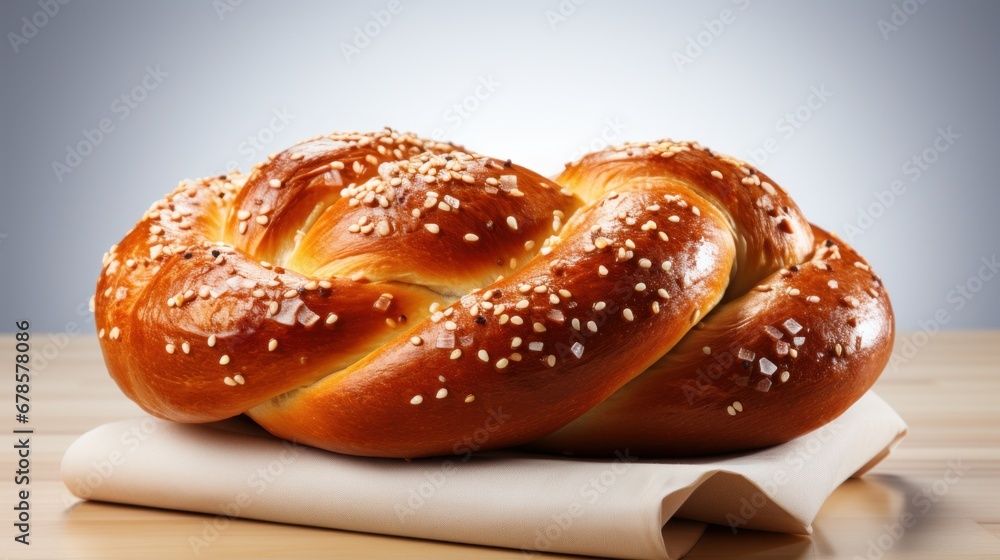 A pretzel, highlighting its twisted shape and rustic appearance, white backdrop. AI generate