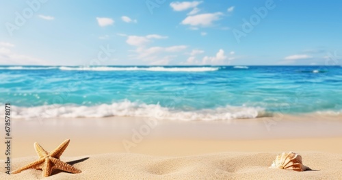 Summer Sands. A Tranquil Beachfront with a Hazy Ocean Horizon. Generative AI