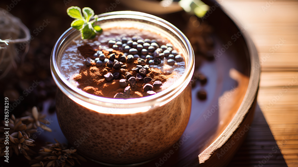 Chocolate Chia Pudding on a wooden table, boho decoration, beige colors, morning lighting Chocolate Chia Pudding on a wooden table, boho decoration, beige colors, morning lighting