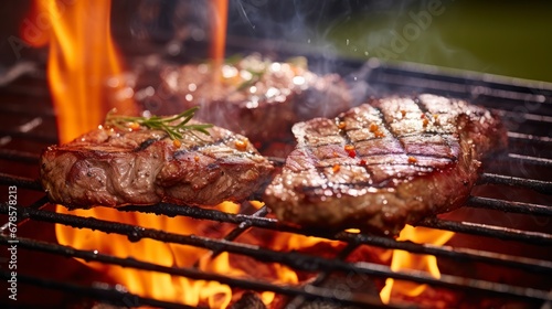 Smoky Sensations. Juicy Beef Steaks on the Grill. Generative AI