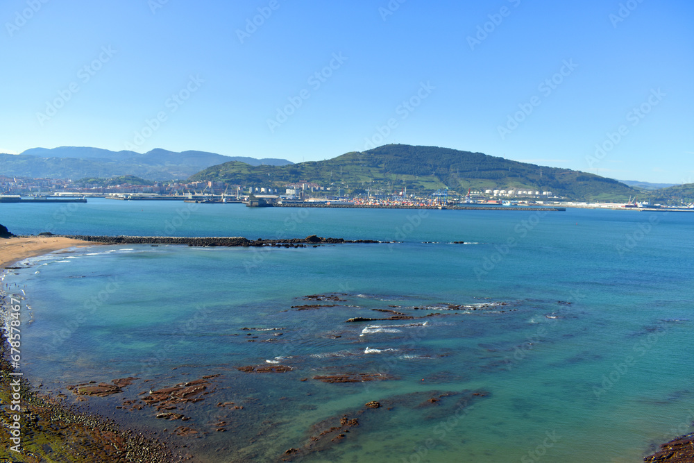 Arrigunaga beach in Getxo. In the background, Santurce / Santurtzi. Bizkaia. Basque Country. Spain