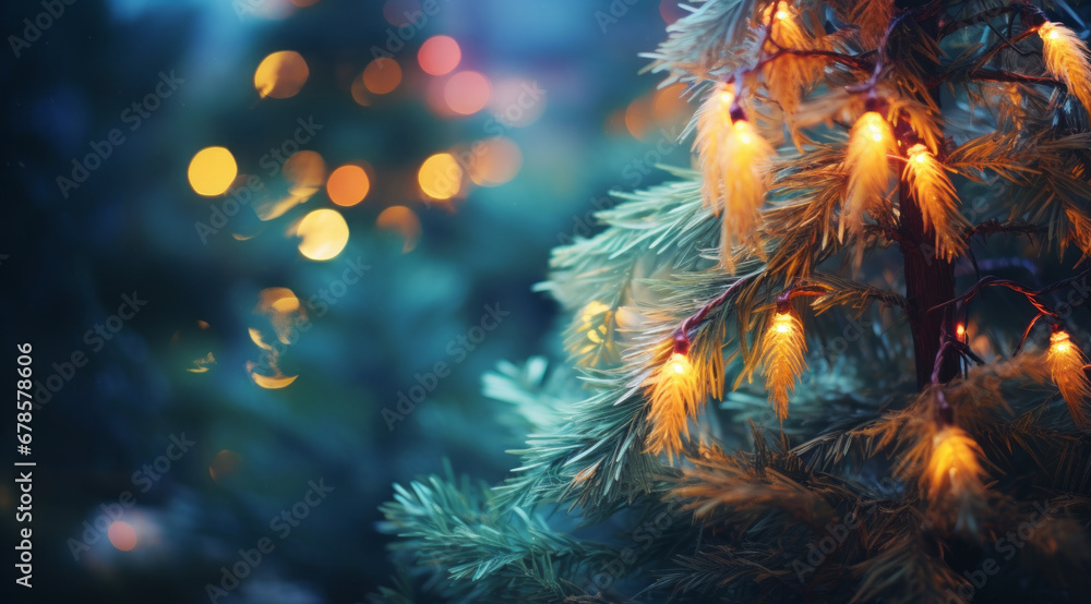 A Festive Glow: Close-Up of a Christmas Tree Illuminated by Lights