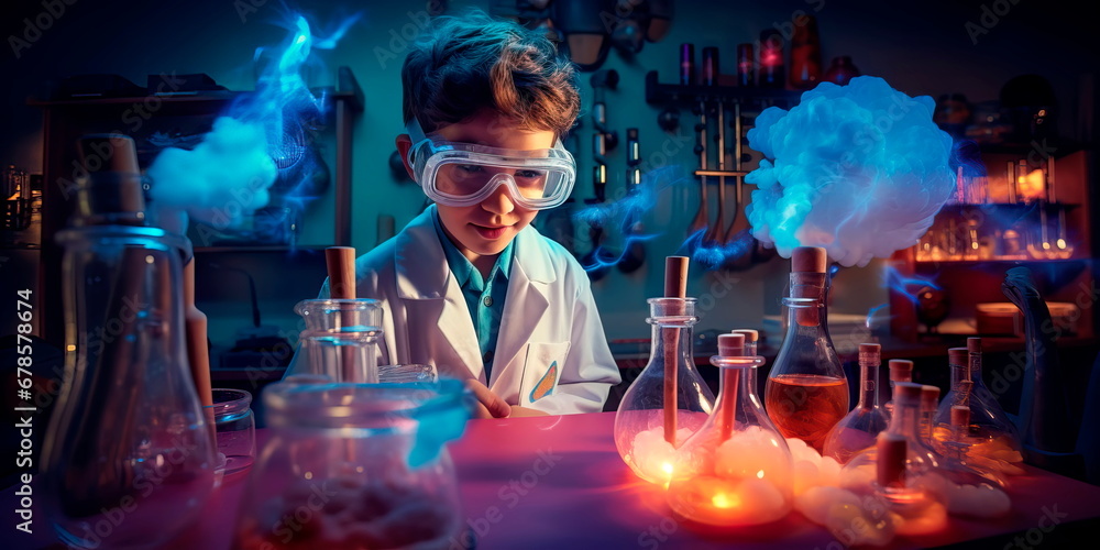 little scientist experimenting with chemical reactions in his laboratory. Generative AI