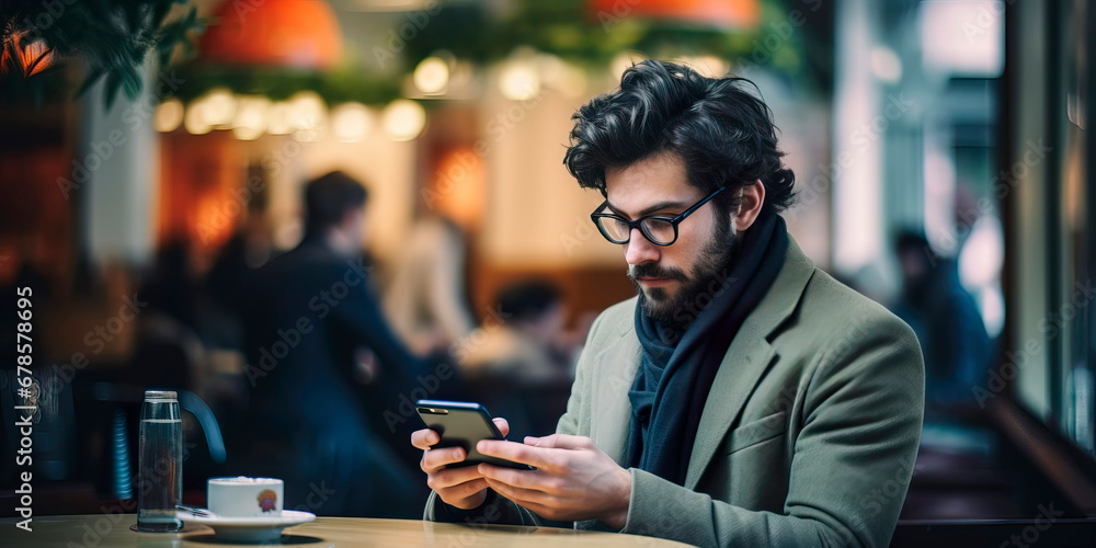 Businessman checking news on smartphone during lunch. Generative Ai Businessman checking news on smartphone during lunch. Generative Ai