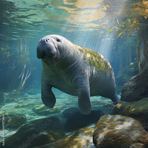 manatees in the sunny water of the river photo