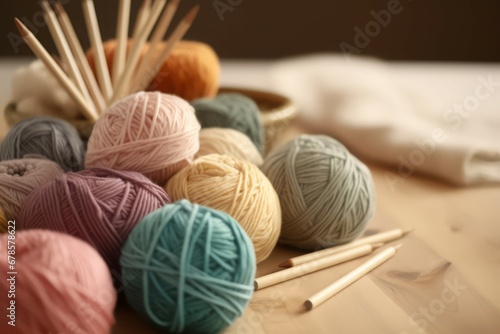 Knitting crochet kit on wooden table. Skein fiber soft various cotton. Generate Ai