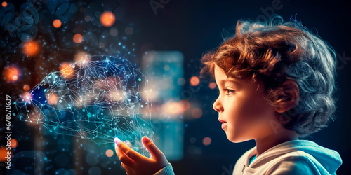 Digital hologram of a child's mind. Brain neuron network . Generative Ai photo