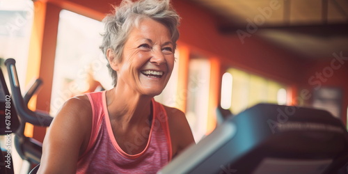 An active woman leads a healthy lifestyle. Cheerful elderly woman doing exercises on the exercise machine. Generative AI