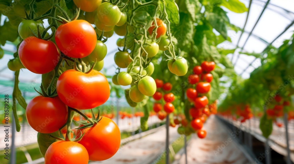 The Artful Cultivation of Ripe Tomato Plants Growing Serenely in a Greenhouse. Generative AI The Artful Cultivation of Ripe Tomato Plants Growing Serenely in a Greenhouse. Generative AI
