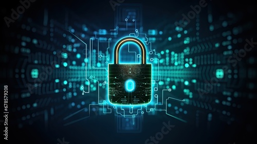 Cyber security concept with padlock on blue background 3D rendering. Ai generative