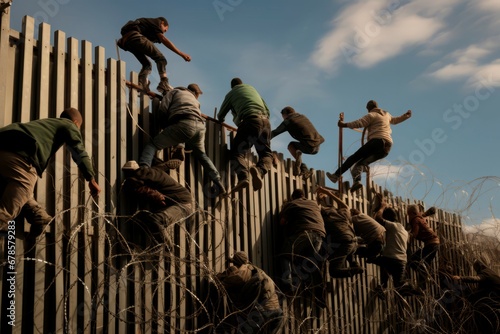 Migrants climb over border fence traffic. Wall police hands national guard. Generate Ai
