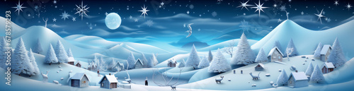 A Serene Winter Wonderland: Tranquil, Snowy Landscape with Charming Houses and Majestic Trees