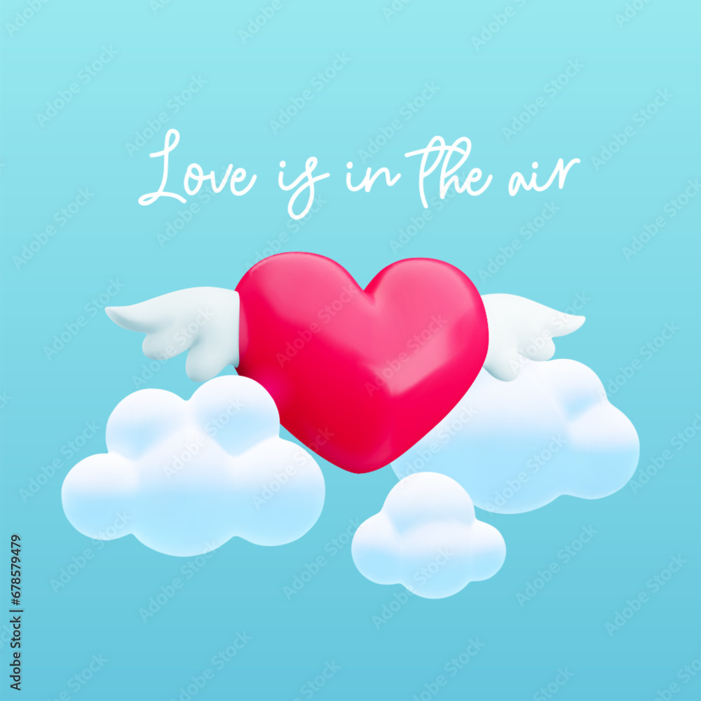 Love is in the air banner. Happy Valentines Day poster design. Cute cartoon 3d glossy heart with cupid wings is flying among the clouds. Vector 3d love illustration with text for web, greeting, poster