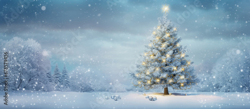 A Serene Winter Wonderland: A Majestic Christmas Tree Glistens in the Snow © Marius