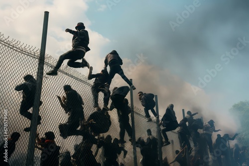 Migrants climb over border fence with fire smoke. Danger accident traffic holding hands. Generate Ai