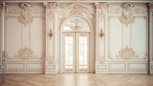 interior door in a classic luxurious style with monograms and white gold moldings with a light cloth,