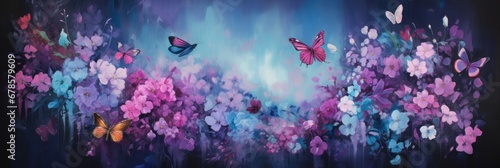 Aerial Ballet: Poster Background with Abstract Oil Acrylic Painting of Flowers, Birds, and Playful Butterflies