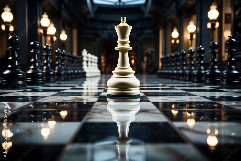 Large white chess piece sitting on top of black and white checkered floor. - obrazy, fototapety, plakaty 