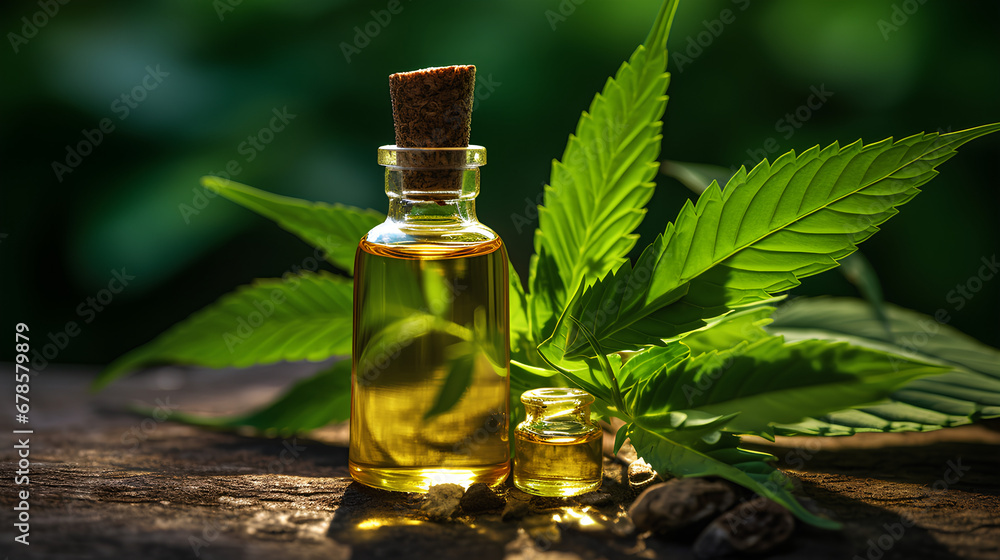 CBD oil extracts and hemp leave background, alternative soothing medicine CBD oil extracts and hemp leave background, alternative soothing medicine