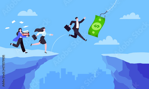 Fishing money chase business concept with people running after dangling dollar.