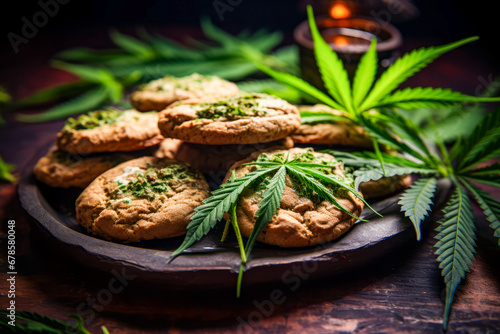 Plate of cookies and marijuana leaves on wooden table.